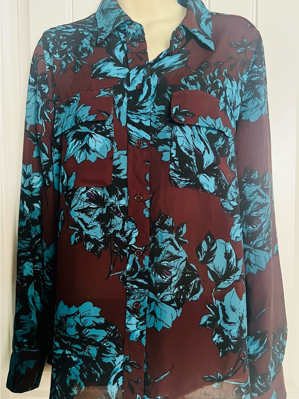 Who What Wear Dark Academia Brown Teal Floral Blouse